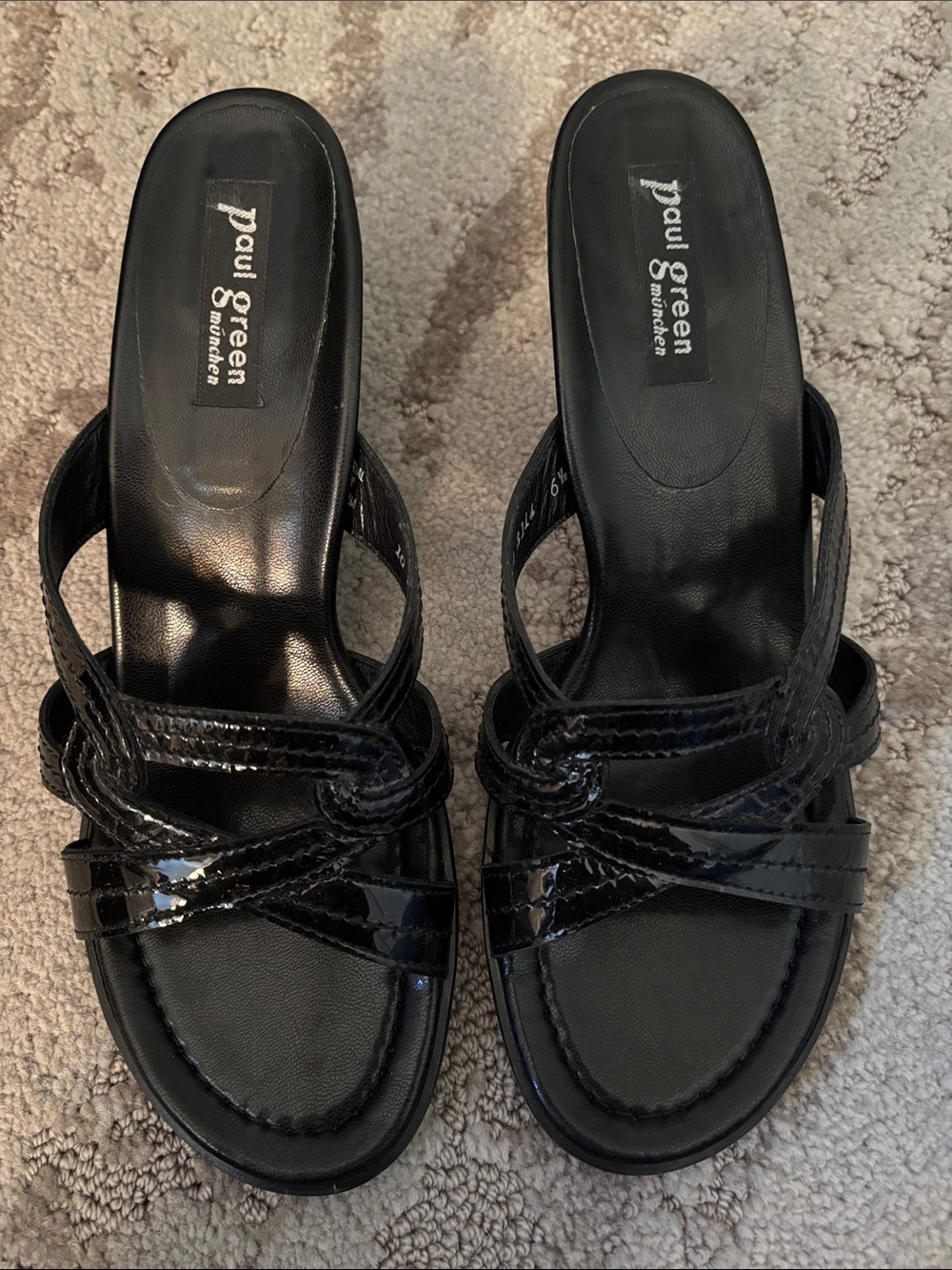 Paul Green Black Patent Crossover Slide Sandals with Low Block Heel